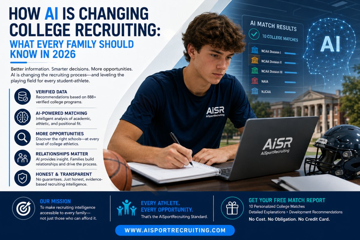 Student-athlete using AI-powered college recruiting technology to research college matches, illustrating how artificial intelligence helps families identify the right college athletic fit in 2026.