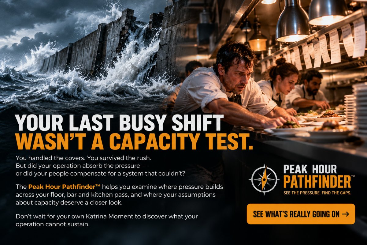 Hurricane Katrina levee under storm pressure beside a busy restaurant kitchen, illustrating untested operational capacity and the Peak Hour Pathfinder™ by 6th Sense Hospitality.