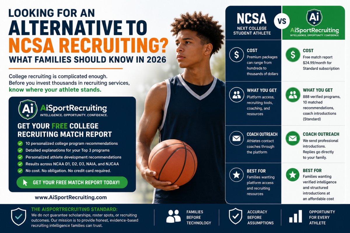 Looking for an Alternative to NCSA Recruiting in 2026 — AiSportRecruiting provides free personalized college program matches across NCAA Division I, Division II, Division III, NAIA, and NJCAA based on verified academic and athletic data. No cost. No credit card required.