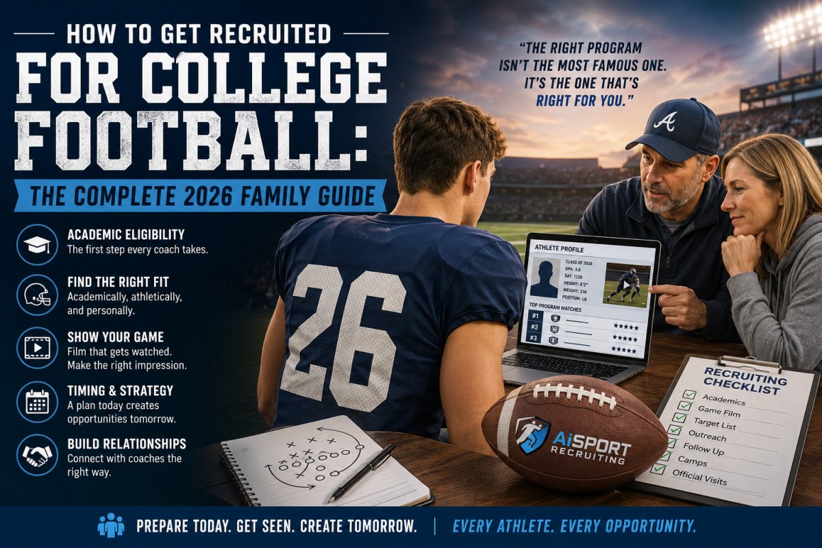 How to Get Recruited for College Football 2026 — AiSportRecruiting helps football families identify college programs across NCAA Division I, Division II, Division III, NAIA, and NJCAA based on verified academic and athletic data. Get free personalized college program matches with no credit card required.