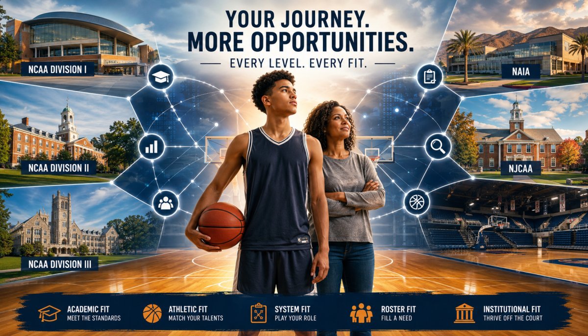 How to Get Recruited for College Basketball 2026 — AiSportRecruiting helps basketball families identify college programs across NCAA Division I, Division II, Division III, NAIA, and NJCAA based on verified academic and athletic data. Get free personalized college program matches with no credit card required.