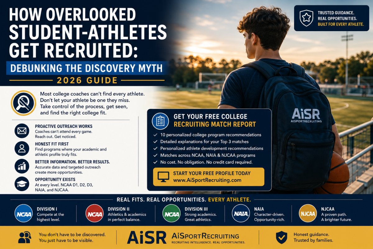 How Overlooked Student-Athletes Get Recruited 2026 — AiSportRecruiting debunks the discovery myth and explains why talented athletes go unnoticed and what families can do through honest fit evaluation and professional proactive outreach.