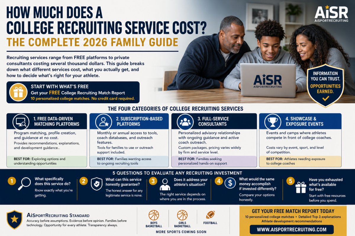 How Much Does College Recruiting Help Cost 2026 — AiSportRecruiting provides an honest family guide covering free platforms, subscription services, full-service consultants, and showcase events with a framework for evaluating whether any recruiting investment is right for your family.