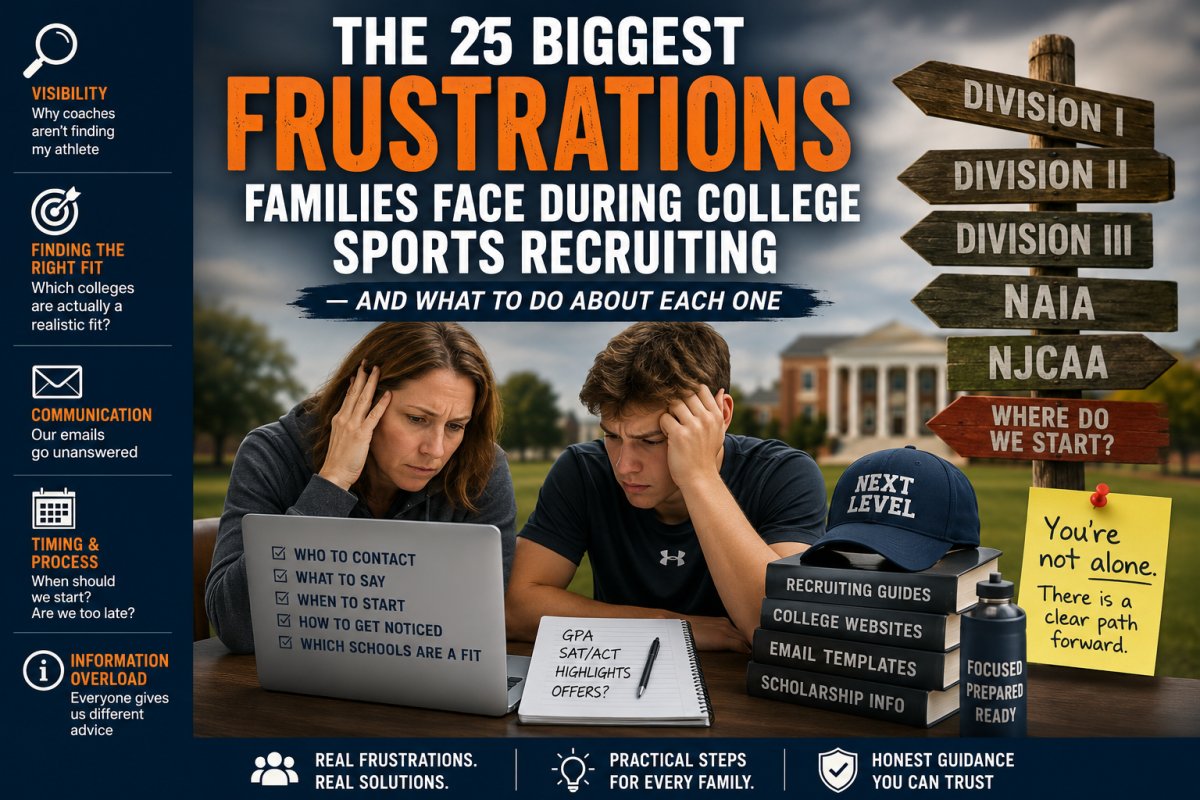 The 25 Biggest Frustrations Families Face During College Sports Recruiting 2026 — AiSportRecruiting addresses every common recruiting frustration from visibility and coach communication to timing and finding the right college fit across NCAA Division I, Division II, Division III, NAIA, and NJCAA programs.