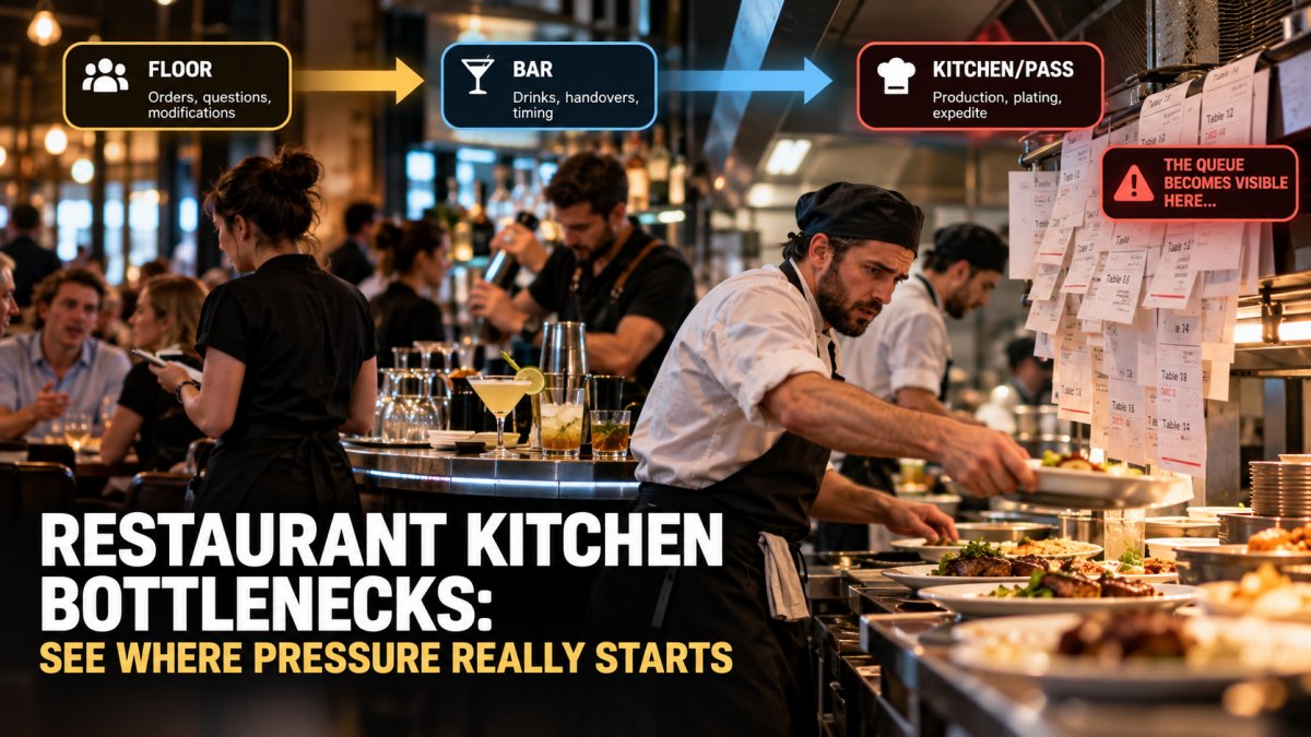 A restaurant under peak-hour pressure, visually connecting the Floor, Bar and Kitchen/Pass as one operational flow. The growing ticket queue becomes visible at the kitchen pass, while the directional flow illustrates the article’s central idea: a restaurant kitchen bottleneck may be where pressure appears, but not necessarily where it began.