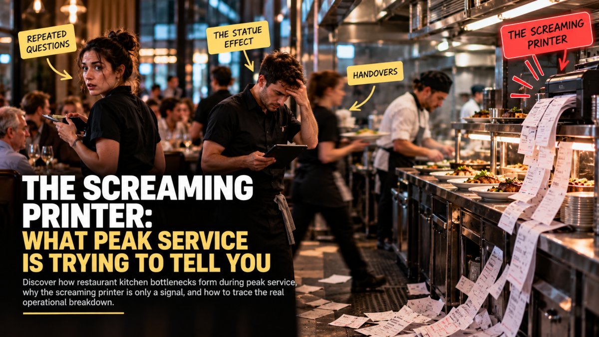 Peak restaurant service showing repeated questions, the Statue Effect, handover pressure and a screaming kitchen printer as operational signals of hidden friction.