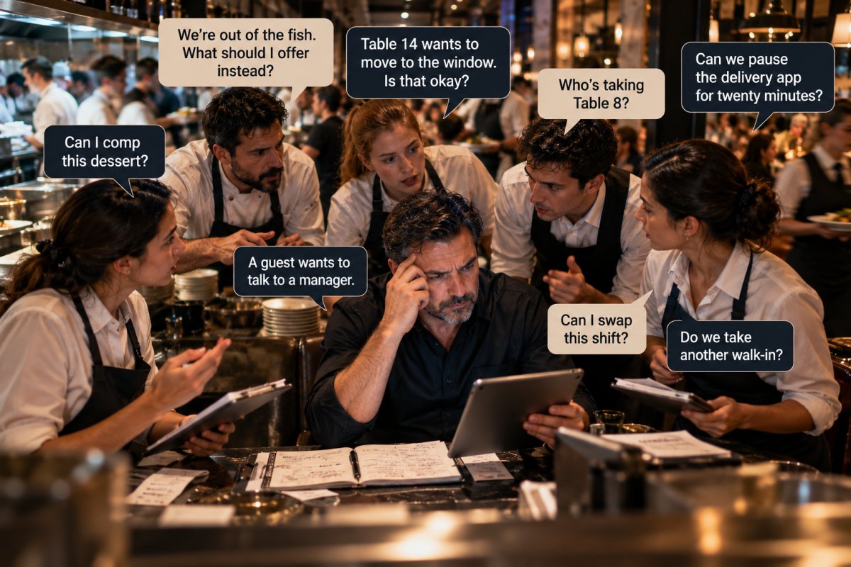 Restaurant manager surrounded by staff asking for approvals and decisions during peak service, illustrating restaurant management pressure points and decision overload.