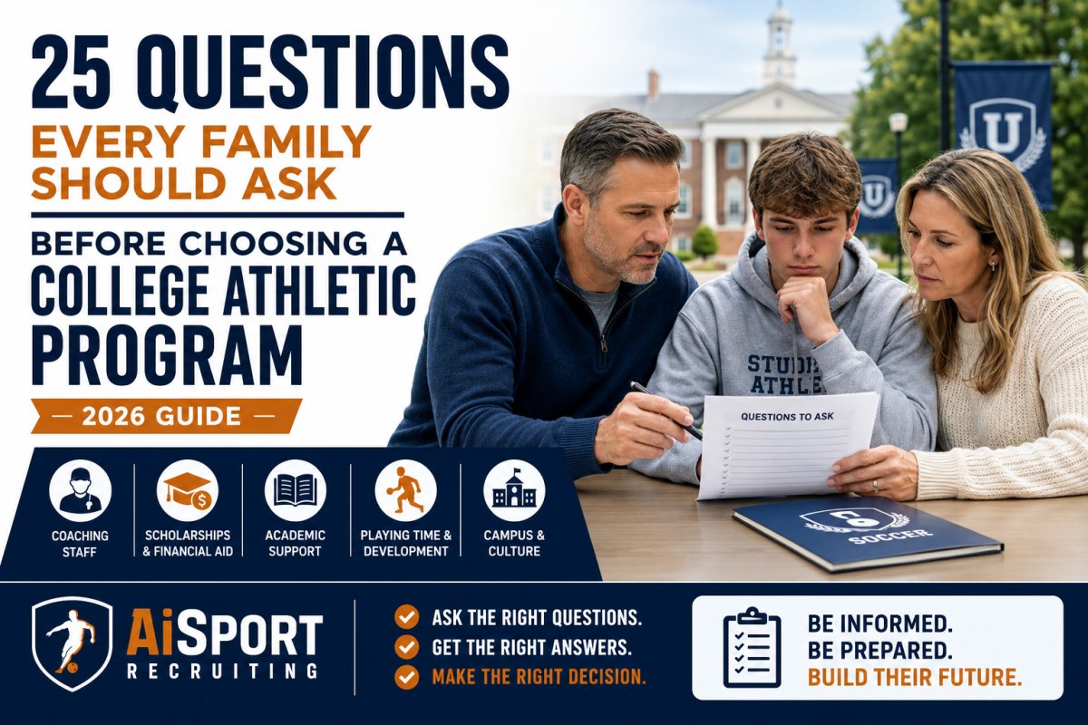 25 Questions Every Family Should Ask Before Choosing a College Athletic Program 2026 — AiSportRecruiting guides families through essential questions covering coaching staff, scholarships, academic support, playing time, campus culture, and the recruiting commitment process.