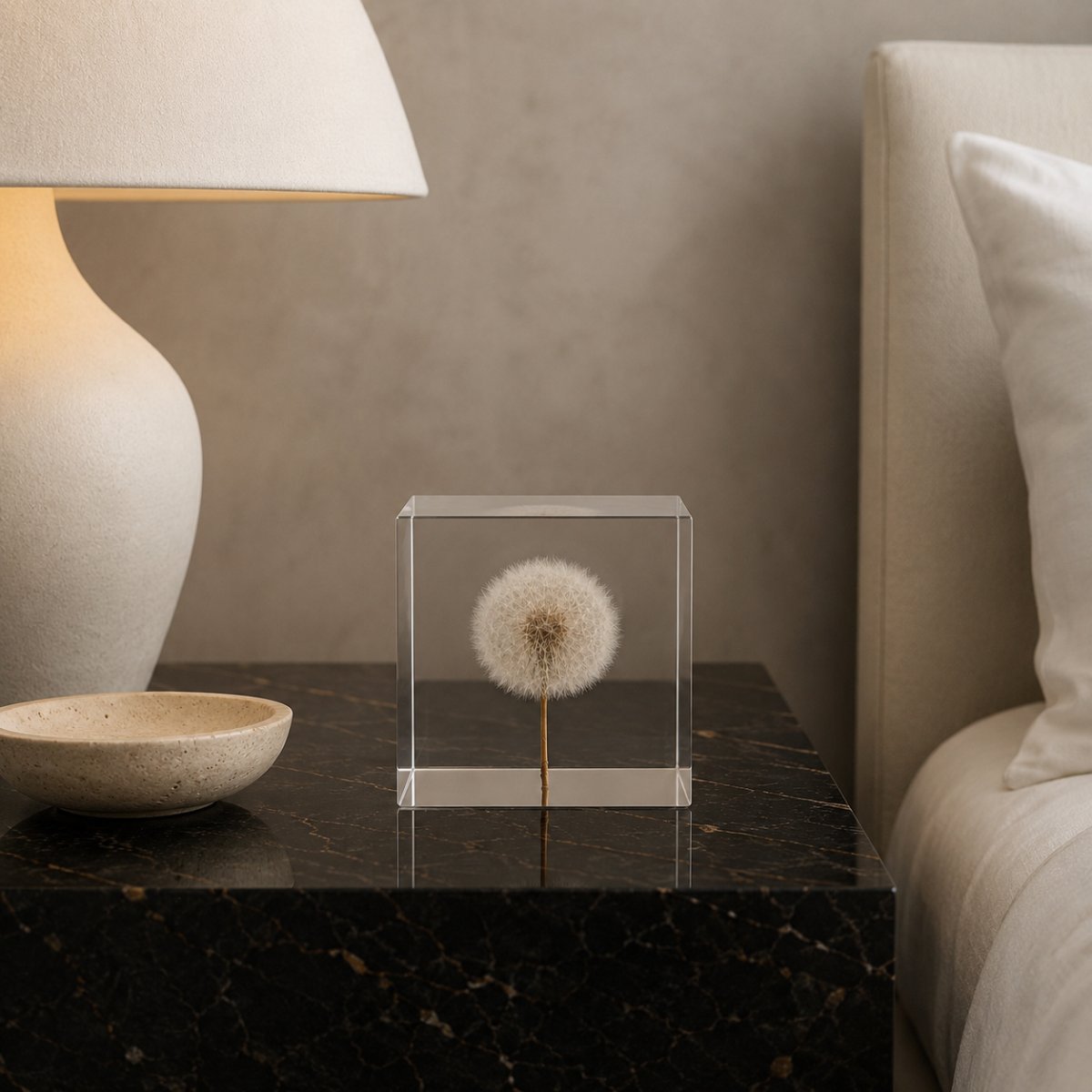 Dandelion Cube with a natural white dandelion displayed on a black marble bedside table beside a sculptural lamp in a calm, neutral bedroom.