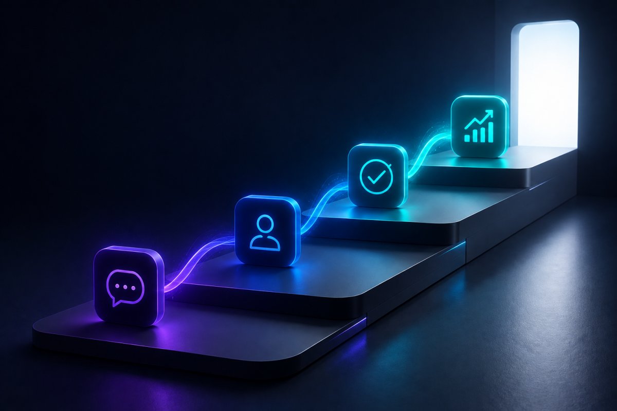 Agentic AI customer service journey progressing from conversation to autonomous action, verified resolution and measurable business growth.