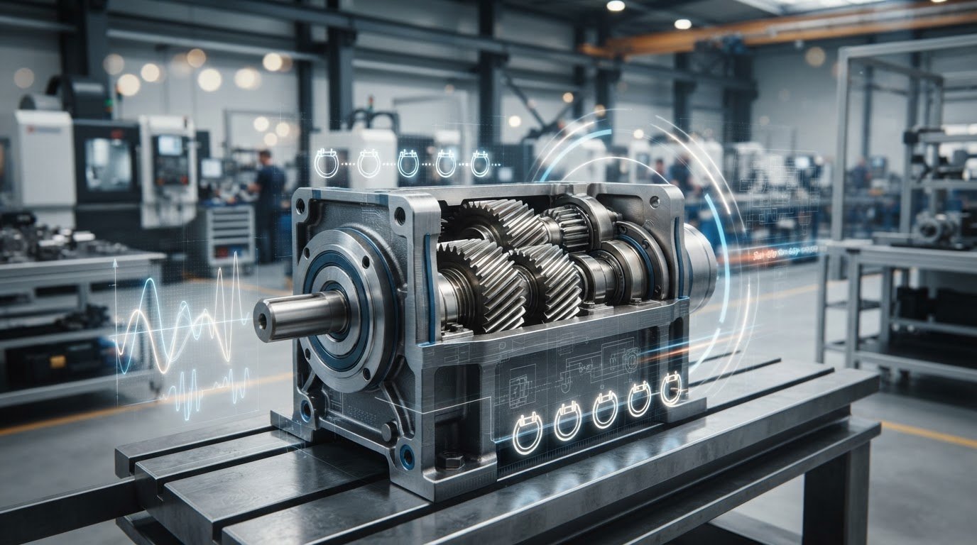 Gearbox with an open housing showing worm and helical gearing on a factory floor
