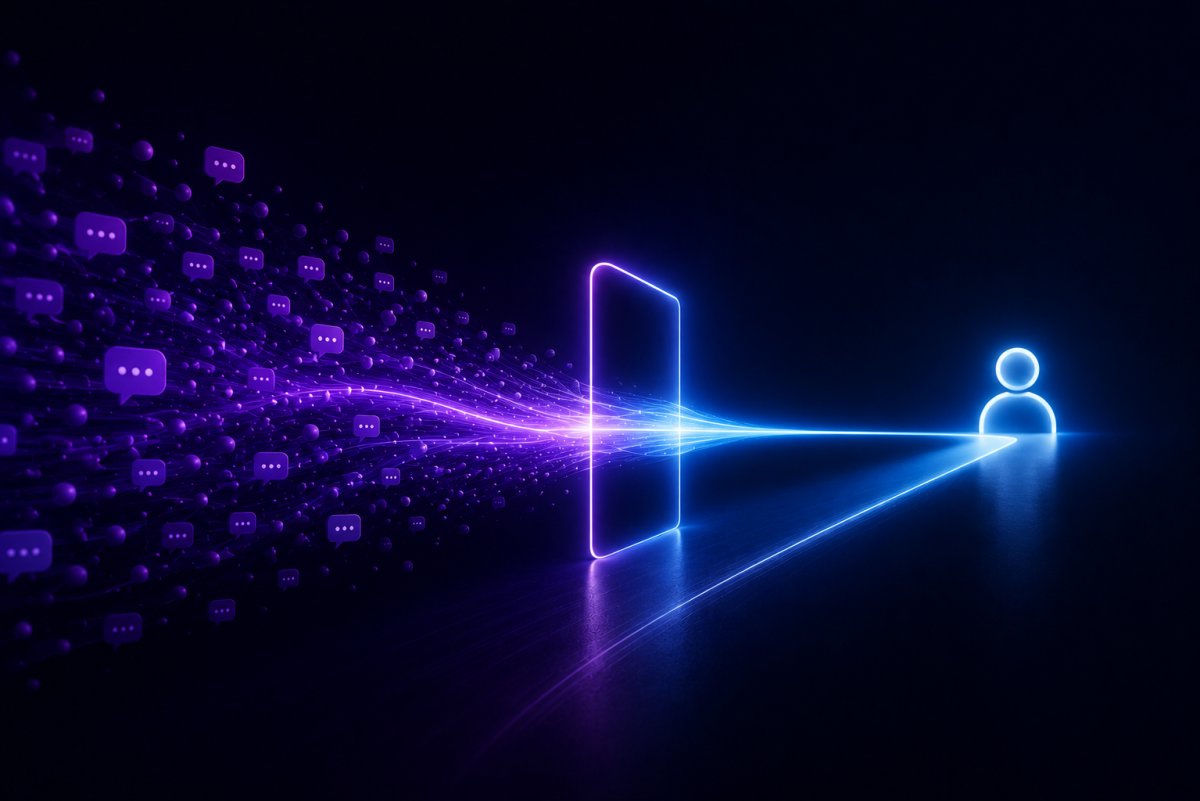 Abstract illustration of multiple customer conversations converging into a single intelligent messaging flow powered by agentic AI, enabling seamless enterprise customer service across digital channels.