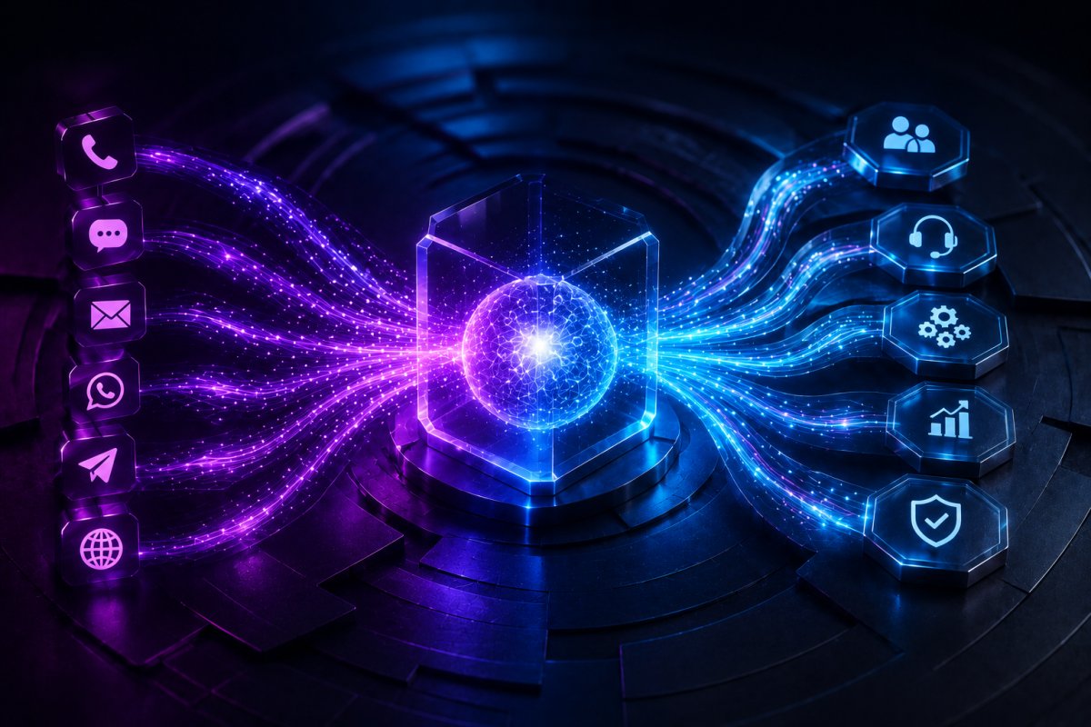 AI-powered omnichannel contact center unifying voice, chat, email and social channels through intelligent automation and secure customer journeys.