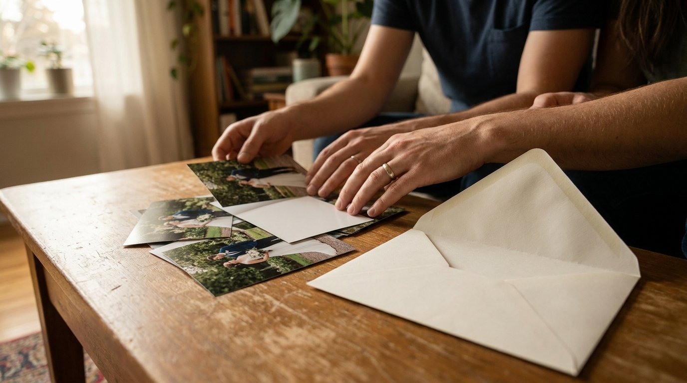 An engaged couple selects wedding photos beside an open blank envelope for an animated invitation.