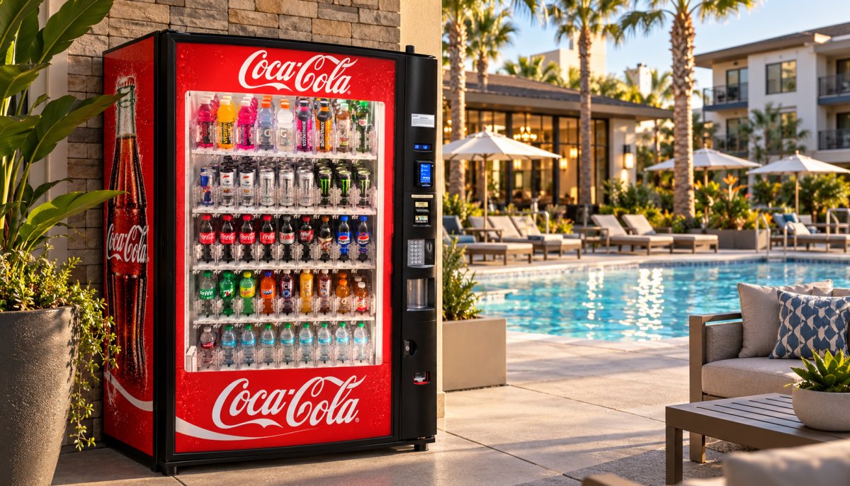 Coca-Cola beverage vending machine next to the swimming pool and clubhouse at an upscale Orange County apartment community.