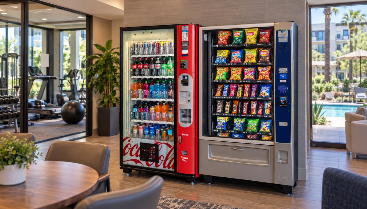 Snack and drink vending machines in a modern apartment clubhouse near the fitness center and swimming pool