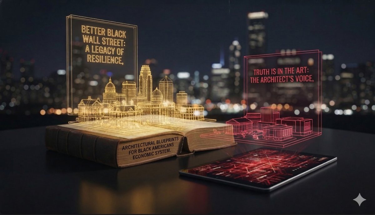 A glowing architectural hologram of a city rising from an open book, displaying "Better Black Wall Street: A Legacy of Resilience" and "Architectural Blueprints for Black Americans Economic System." A red digital tablet displays "Truth Is In The Art: The Architect's Voice." Set against a modern city skyline at night, representing the revolutionary vision and economic blueprints of The Ark Project LLC.