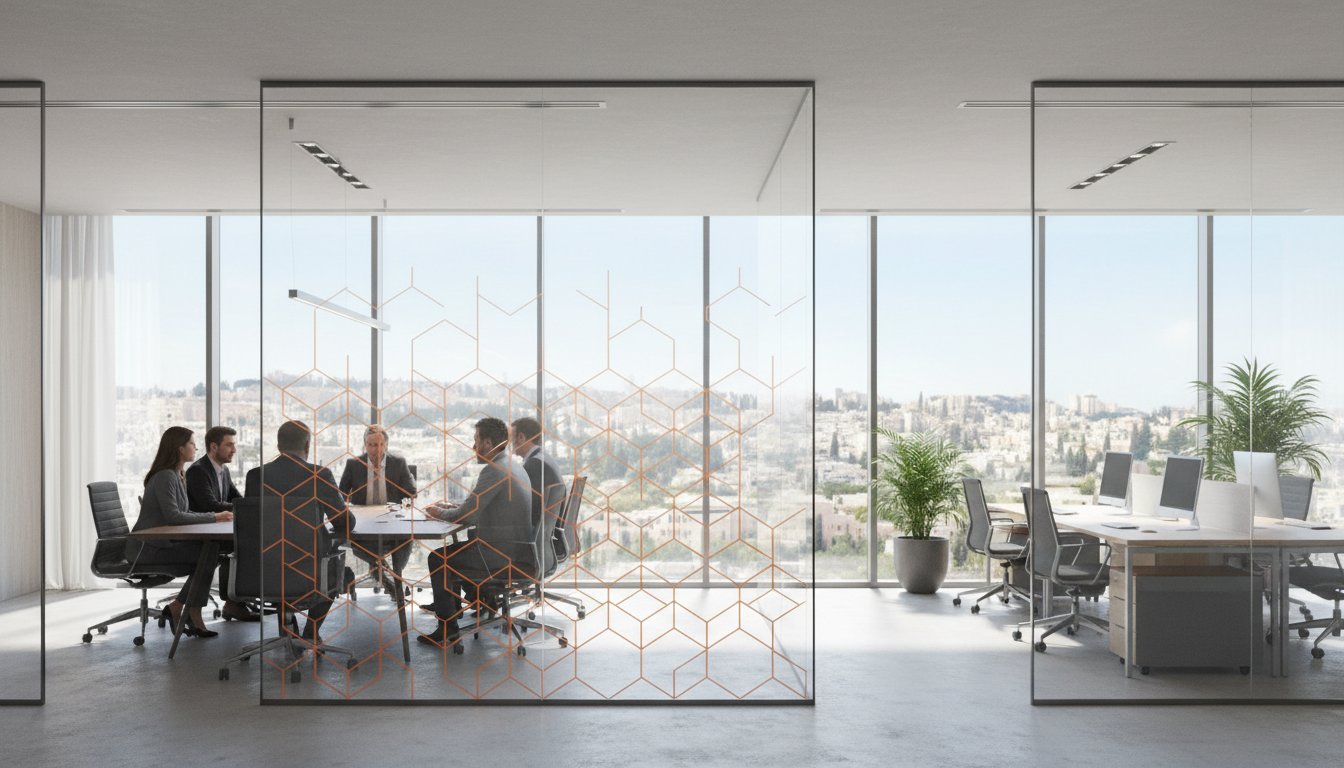 ציפוי דקורטיבי למחיצות זכוכית במשרד: המדריך המלא לעיצוב, פרטיות ומיתוג (2026)