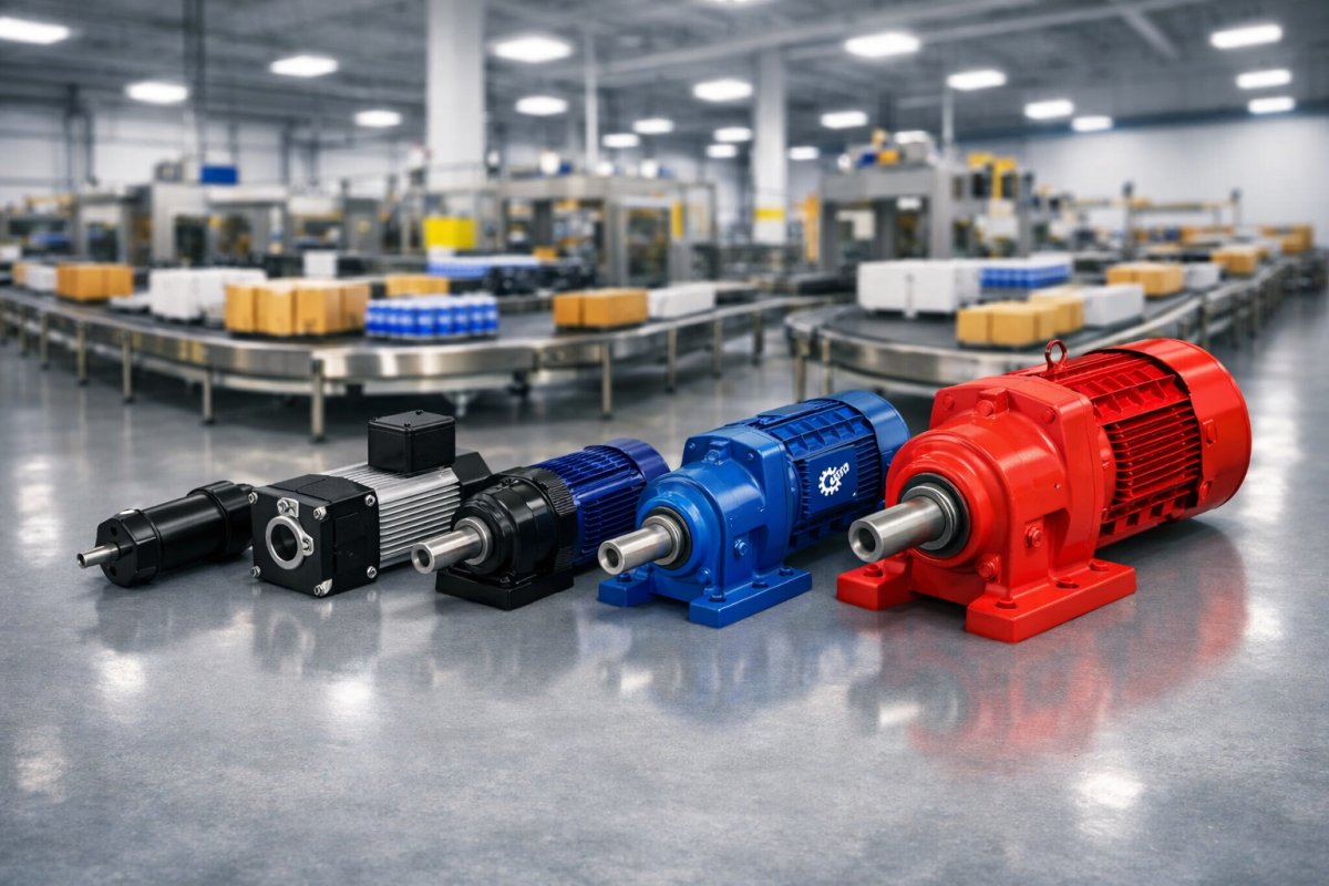 several gearmotors shown lined up in front of a warehouse floor