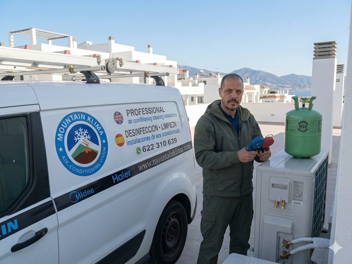 Imagen anotada y totalmente traducida de un técnico de Mountain Klima en Mijas realizando una instalación y limpieza de aire