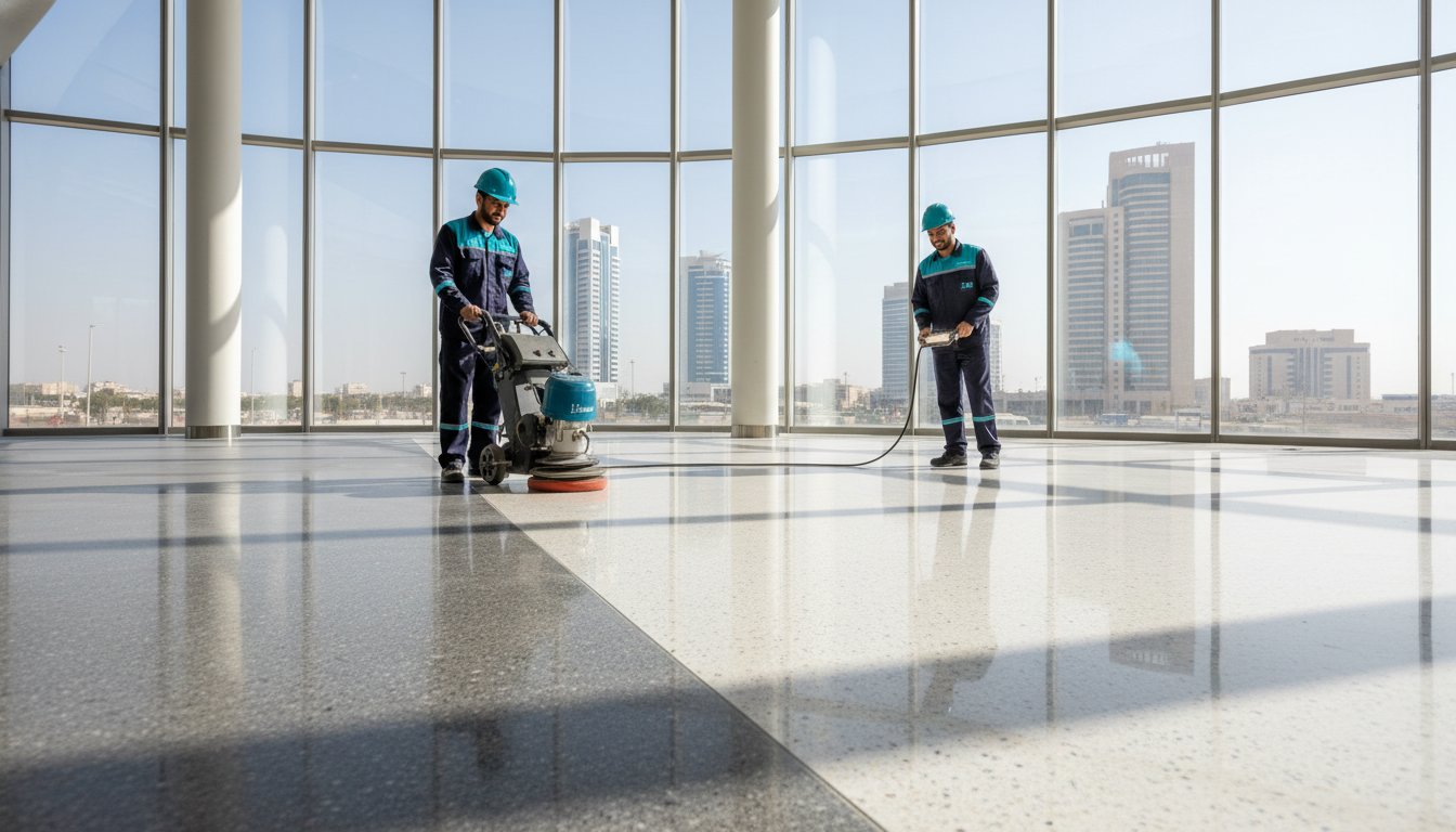تلميع أرضيات التيرازو في الدمام: دليل شركة إتقان لاستعادة بريق الأرضيات 2026