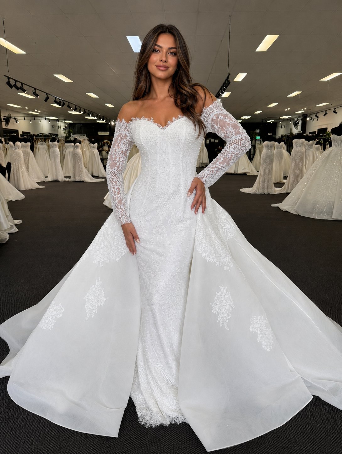 Elegance redefined ✨ A breathtaking off-shoulder mermaid gown featuring delicate lace sleeves, intricate beadwork, and a dramatic detachable overskirt for the perfect royal bridal look 🤍👰