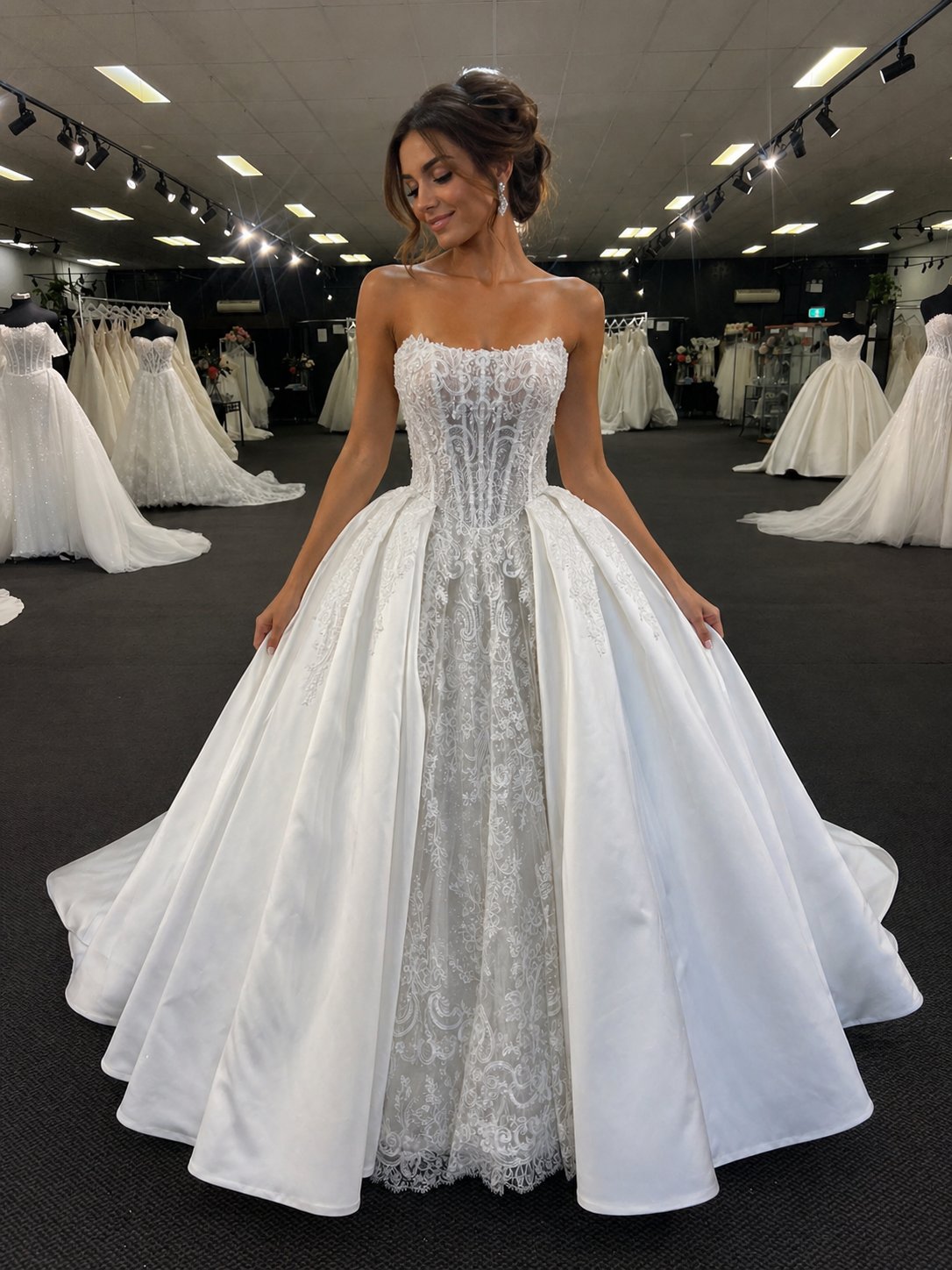 ✨ A vision of timeless elegance ✨ This breathtaking strapless ballgown features a sculpted lace corset bodice that flows into a voluminous satin skirt, creating the perfect blend of romance and structure. Intricate detailing meets modern sophistication, designed for the bride who wants to make an unforgettable entrance.  Soft, regal, and effortlessly stunning—this is more than a gown, it’s a statement 🤍