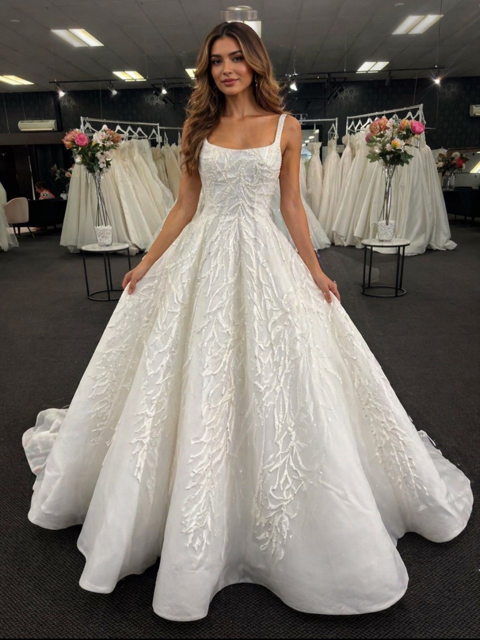 This Elysian Platinum gown by Brides in Love is a striking example of modern couture bridal design—balancing intricate embellishment with a classic princess silhouette.