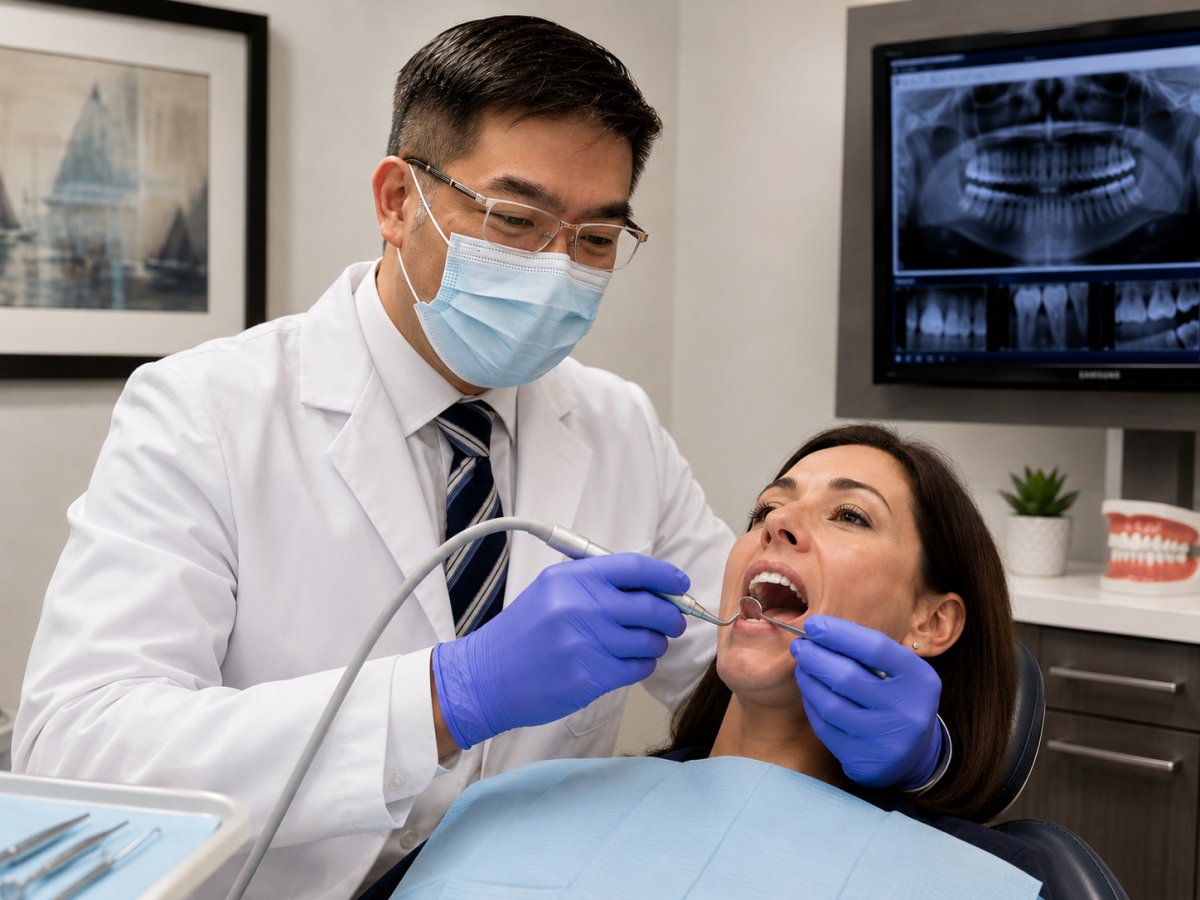 Prosthodontist giving dental check up