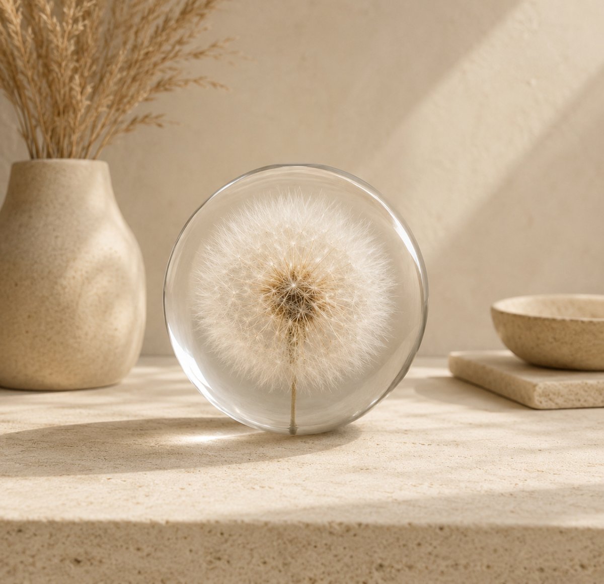 A delicate dandelion seed head preserved inside a crystal-clear sphere, displayed on a sand-coloured stone surface in a softly lit minimalist interior. Warm natural light falls across textured beige walls, with ceramic vessels and dried grasses creating a serene, elegant atmosphere inspired by natural materials and quiet luxury.