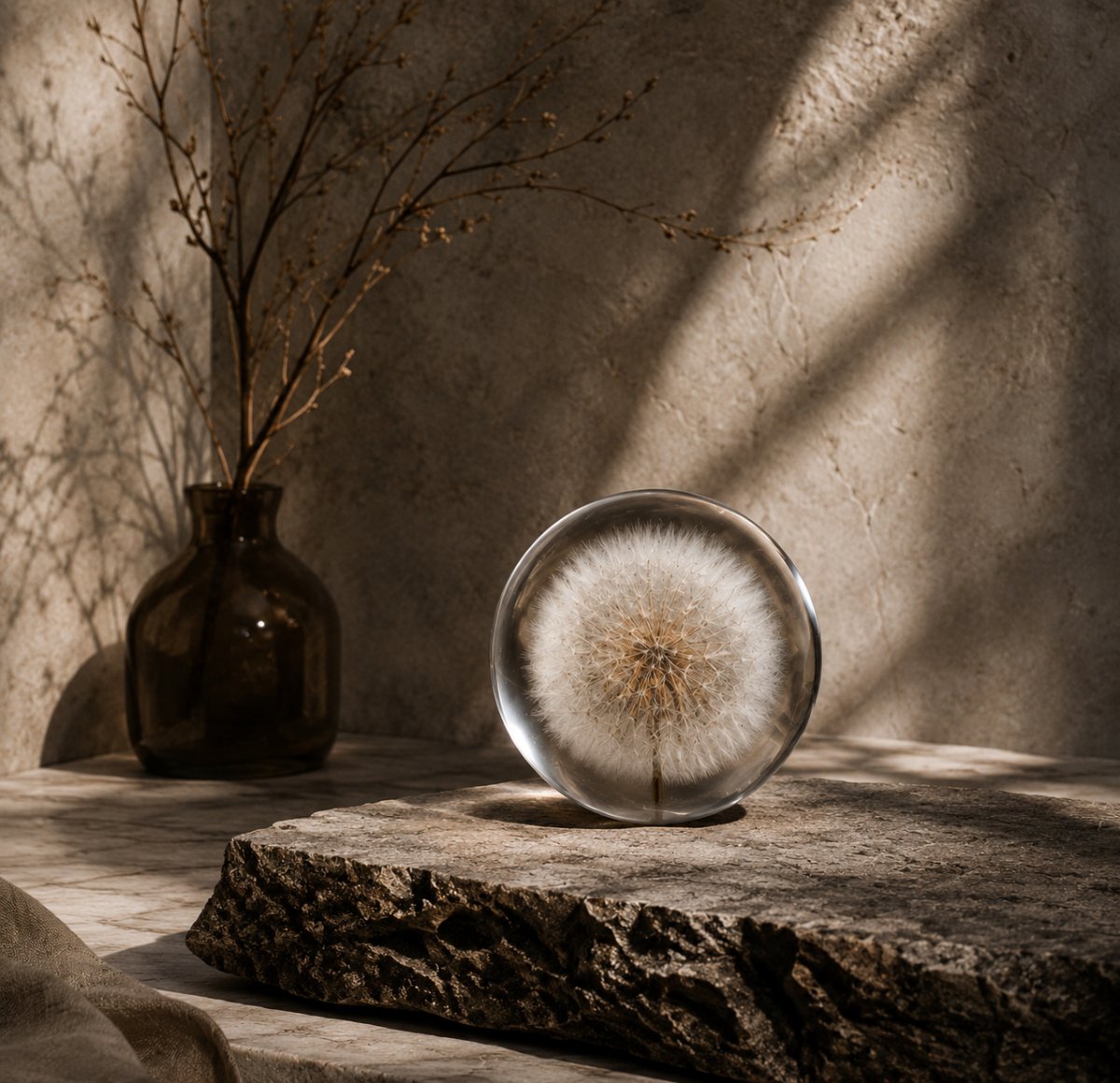A preserved dandelion seed head displayed within a clear spherical orb, resting on a rugged natural stone slab. Warm afternoon sunlight casts soft botanical shadows across a textured plaster wall, while an amber glass vase with delicate branches stands in the background. The composition evokes a calm, organic atmosphere with earthy tones and refined natural materials.