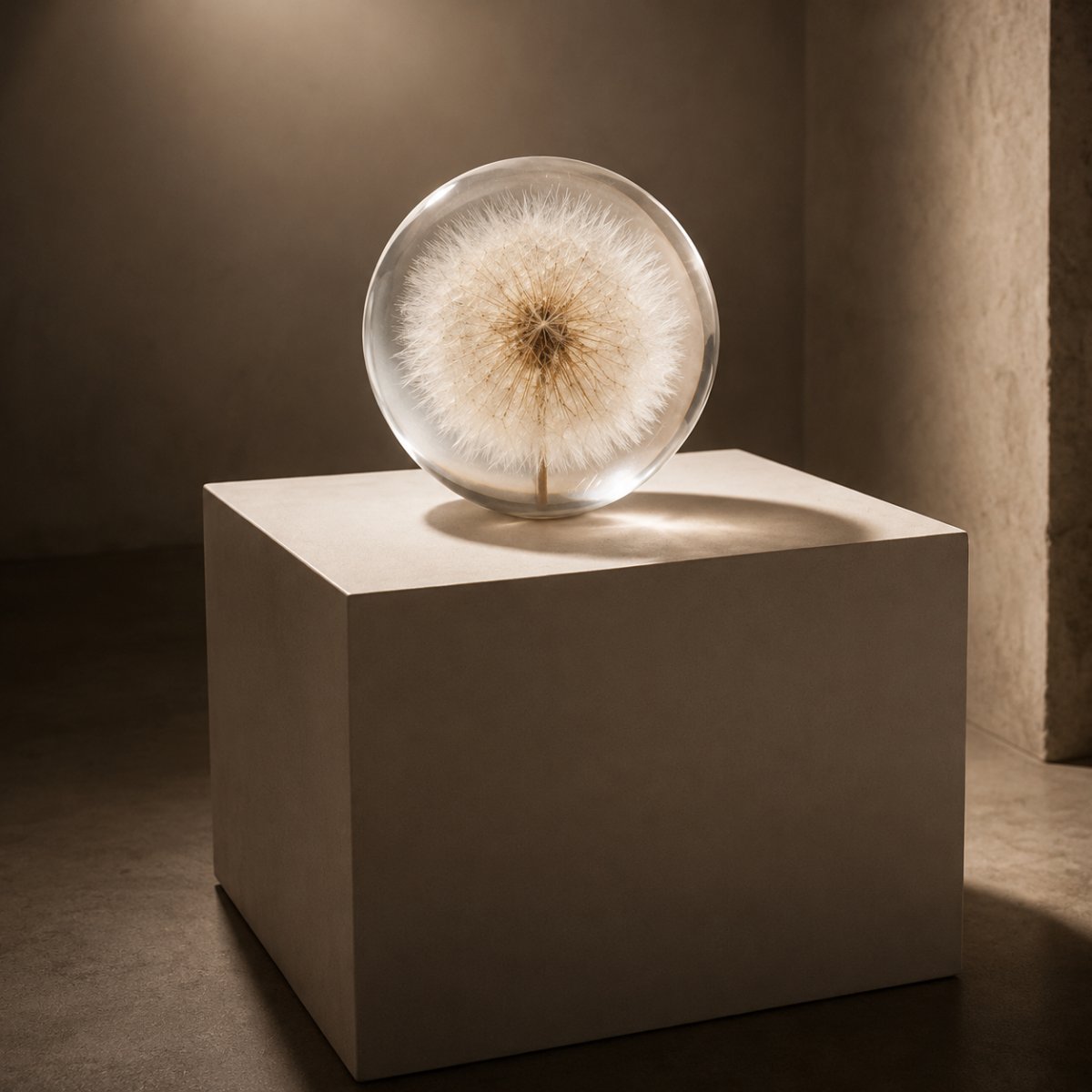 Clear resin sphere containing a preserved white dandelion seed head, displayed on a minimalist pedestal in warm gallery lighting. Elegant botanical art with a contemporary, museum-quality aesthetic.