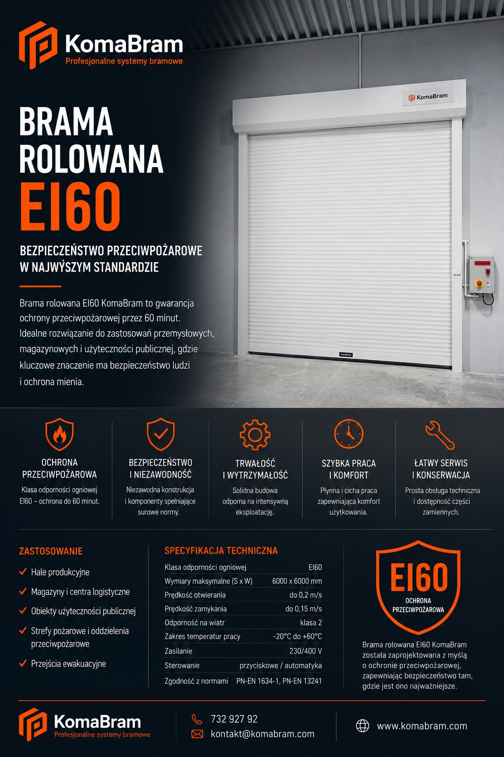 Brama przeciwpożarowa rolowana EI60 KomaBram zgodna z EN 16034 do magazynów, hal produkcyjnych i obiektów logistycznych