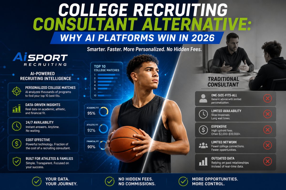 College Recruiting Consultant Alternative 2026 — AiSportRecruiting provides data-driven college program recommendations across NCAA Division I, Division II, Division III, NAIA, and NJCAA based on verified academic and athletic data. Get 10 free personalized matches — no credit card required.