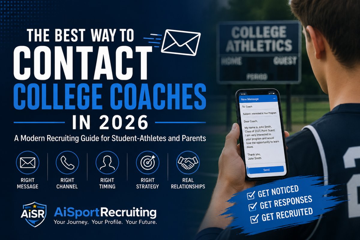 Student-athlete preparing a professional recruiting email to a college coach, illustrating best practices for contacting college coaches in 2026, including personalized communication, proper timing, and effective recruiting strategy.
