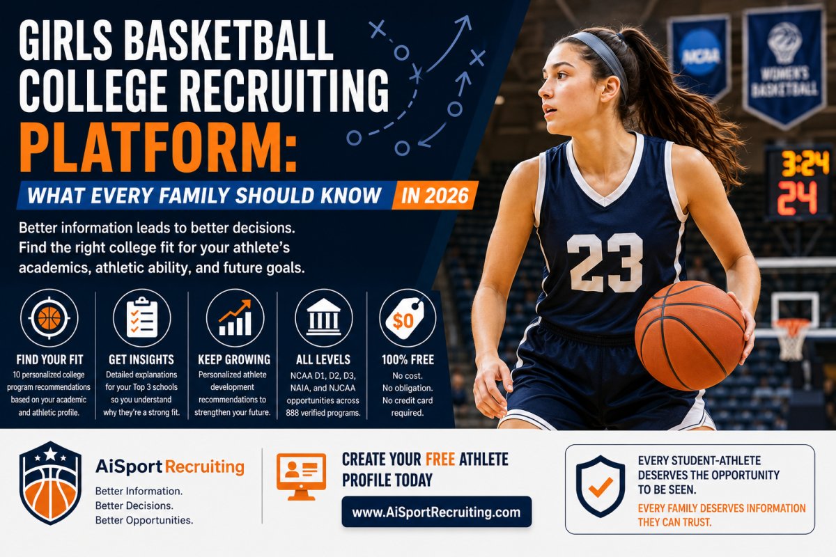 Girls Basketball College Recruiting Platform — AiSportRecruiting helps families identify college basketball programs across NCAA Division I, Division II, Division III, NAIA, and NJCAA based on verified academic and athletic data. Free personalized matches with no credit card required.