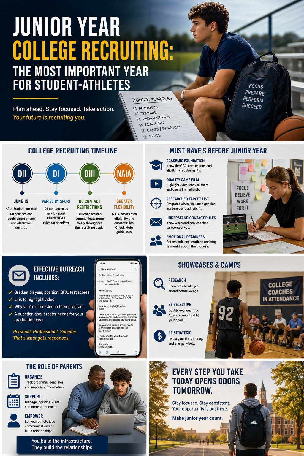 Junior Year College Recruiting Guide for Student-Athletes and Families — AiSportRecruiting helps families identify college programs across NCAA Division I, Division II, Division III, NAIA, and NJCAA based on verified academic and athletic data. Free personalized matches with no credit card required.