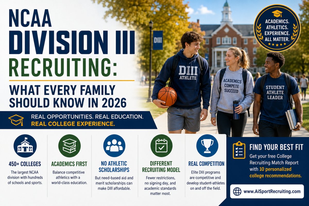 NCAA Division III Recruiting Guide for Student-Athletes and Families — AiSportRecruiting helps families identify college programs across NCAA Division I, Division II, Division III, NAIA, and NJCAA based on verified academic and athletic data. Free personalized matches with no credit card required.