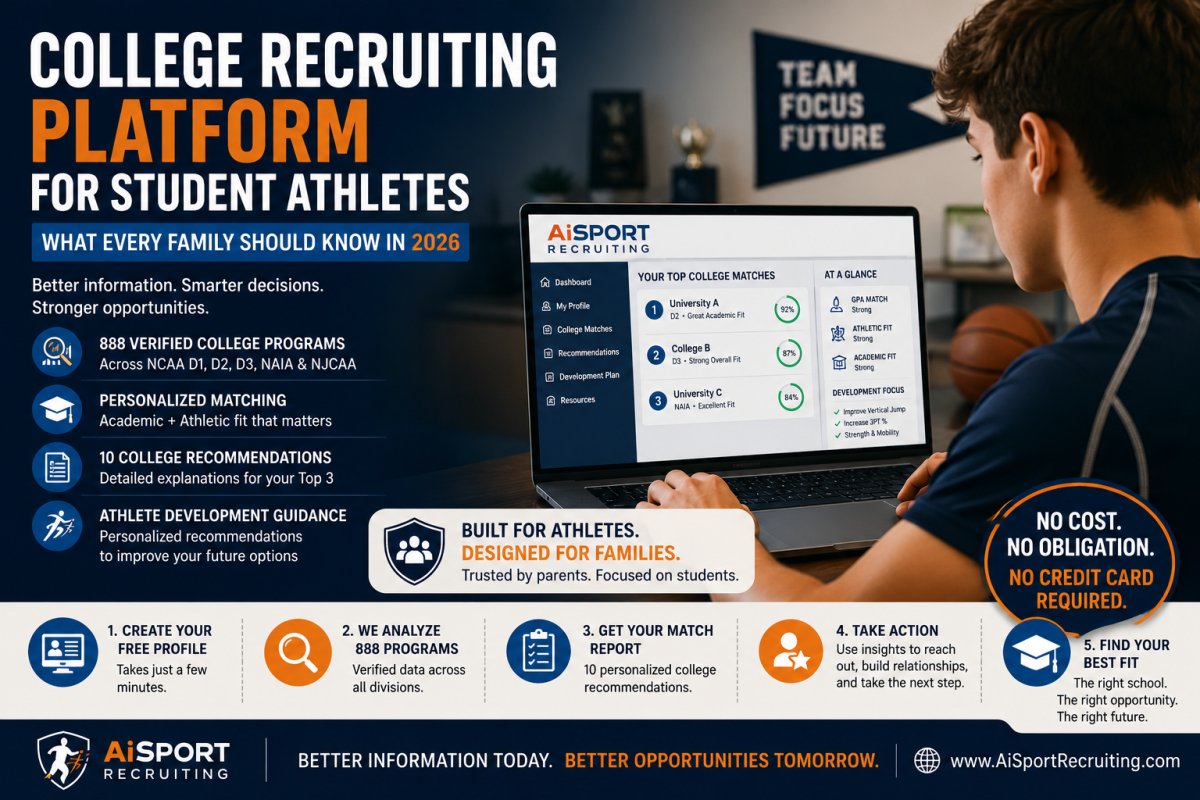 College Recruiting Platform for Student Athletes 2026 — AiSportRecruiting analyzes academic and athletic profiles against 888 verified collegiate programs across NCAA Division I, Division II, Division III, NAIA, and NJCAA. Get 10 free personalized college program matches with no credit card required.
