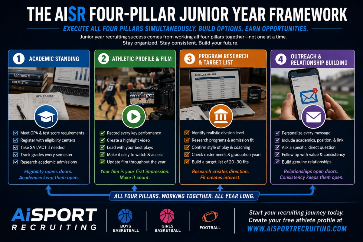 The Ultimate Junior Year College Recruiting Strategy for 2026 — The AiSR Four-Pillar Framework guides student-athletes through academic standing, film development, program research, and coach outreach. Get 10 free personalized college program matches at AiSportRecruiting.com with no credit card required.