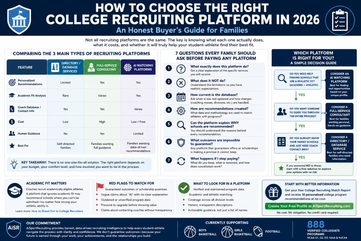 Platform in 2026 — AiSportRecruiting helps families evaluate recruiting platforms and identify college programs across NCAA Division I, Division II, Division III, NAIA, and NJCAA based on verified academic and athletic data. Free personalized matches with no credit card required.