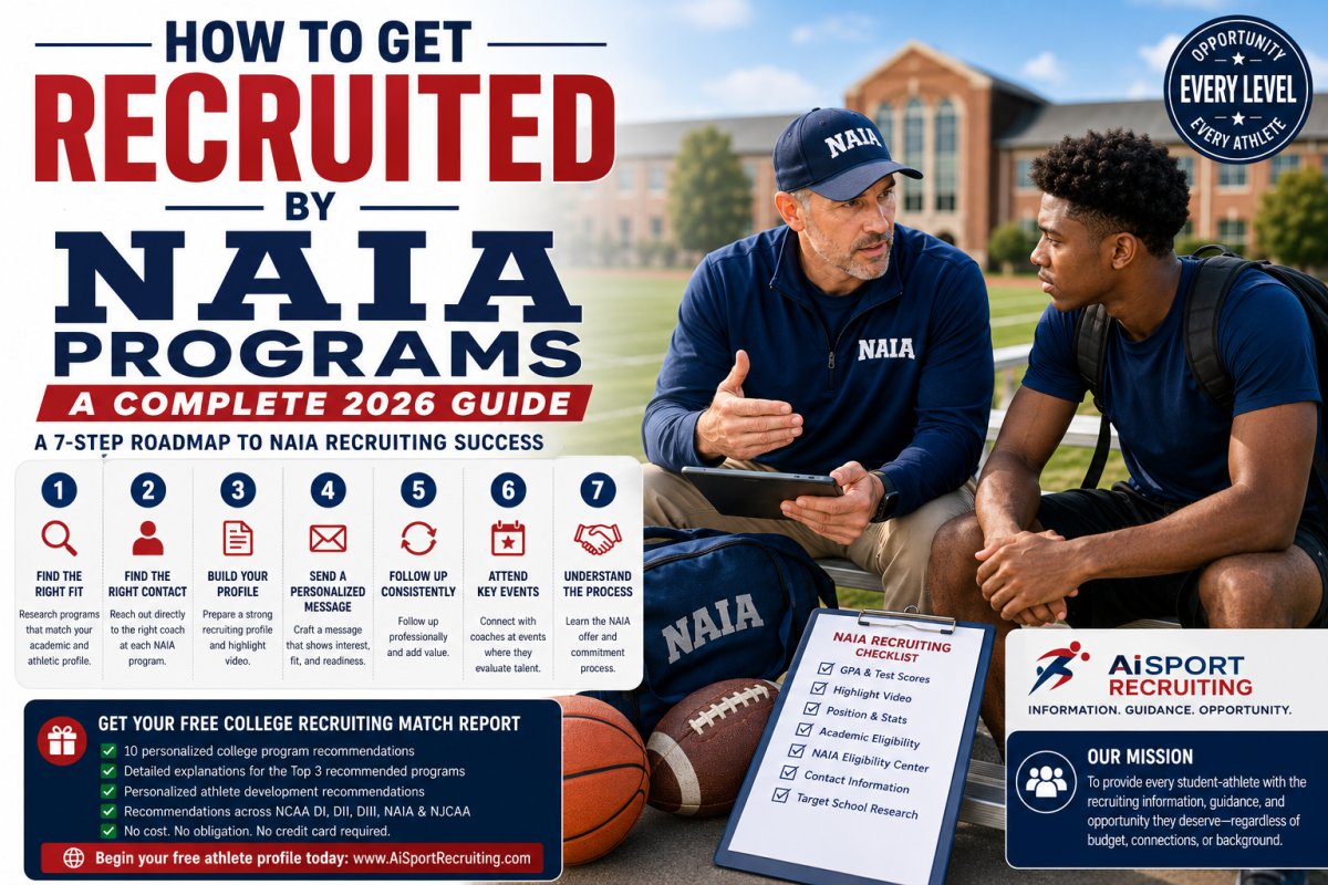 How to Get Recruited by NAIA Programs in 2026 — A seven-step execution guide for student-athletes and families covering outreach strategy, highlight film, follow-up, and the NAIA commitment process. Get 10 free personalized college program matches at AiSportRecruiting.com with no credit card required.