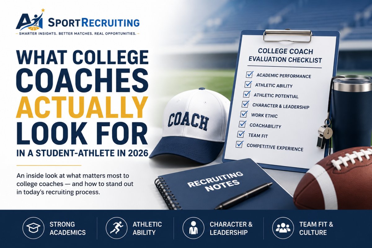 What College Coaches Actually Look For in a Student-Athlete in 2026 — AiSportRecruiting breaks down the coach evaluation checklist including academic performance, athletic ability, character and leadership, and team fit. Get 10 free personalized college program matches at AiSportRecruiting.com.