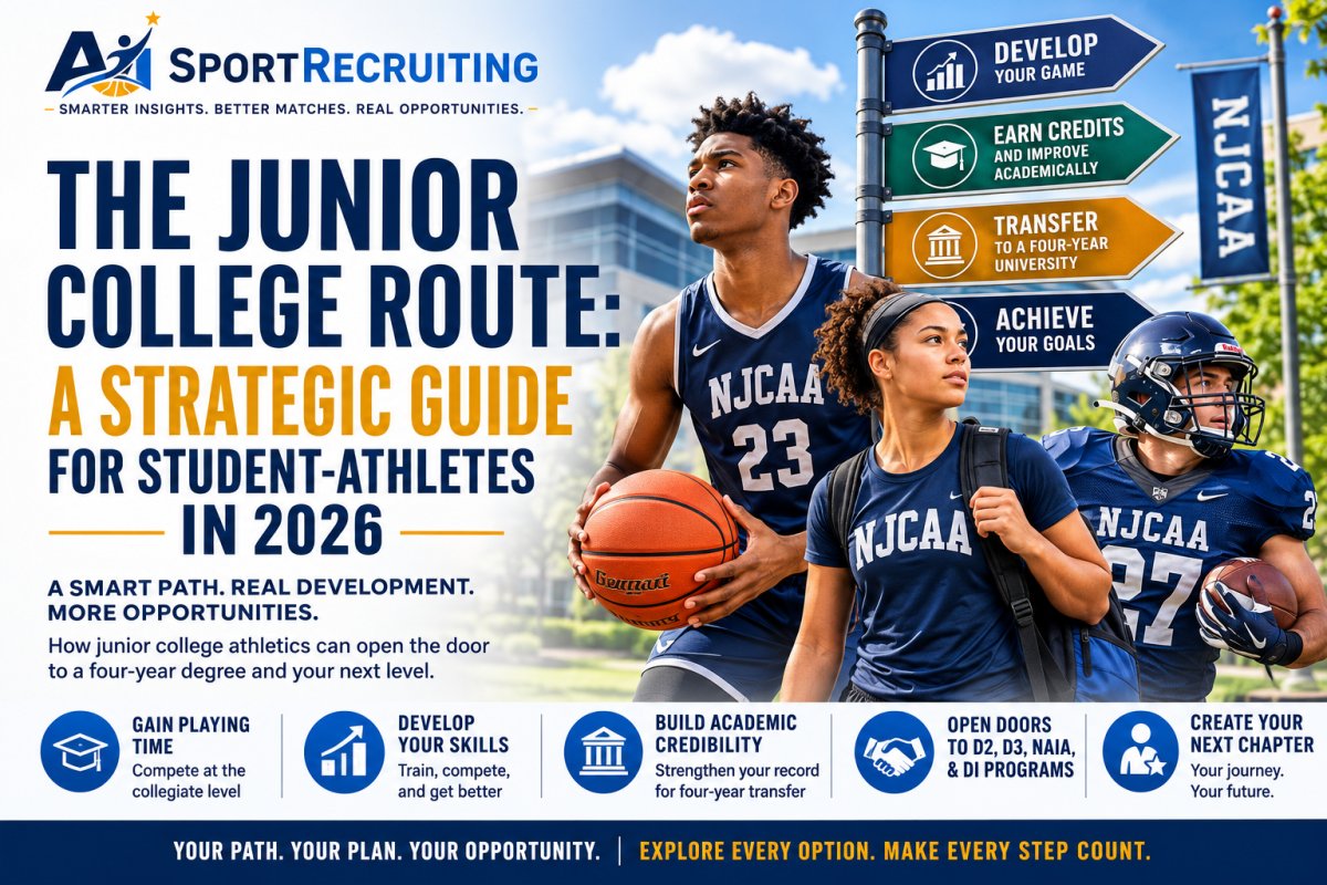Junior College Recruiting Guide for Student-Athletes in 2026 — AiSportRecruiting helps families identify NJCAA and four-year college programs across NCAA Division I, Division II, Division III, NAIA, and NJCAA based on verified academic and athletic data. Get 10 free personalized college program matches with no credit card required.