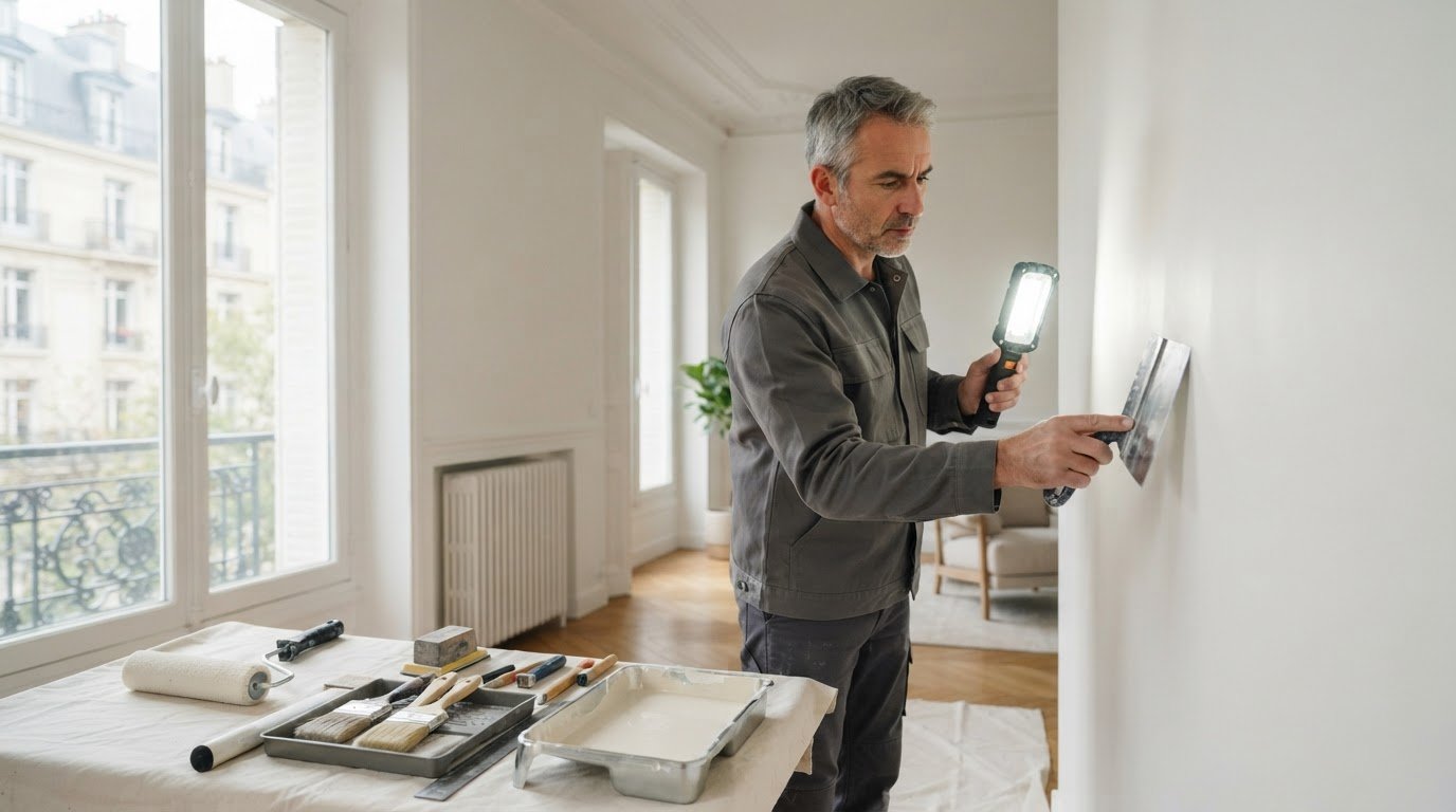 Illustration IA : examen d’un mur intérieur, sans représentation d’un salarié ou d’un chantier SOWBTP.