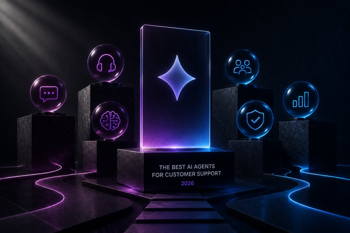 Premium abstract illustration representing the evaluation of enterprise AI customer support agents, highlighting intelligent orchestration, autonomous resolution, and platform comparison in a modern contact center environment.