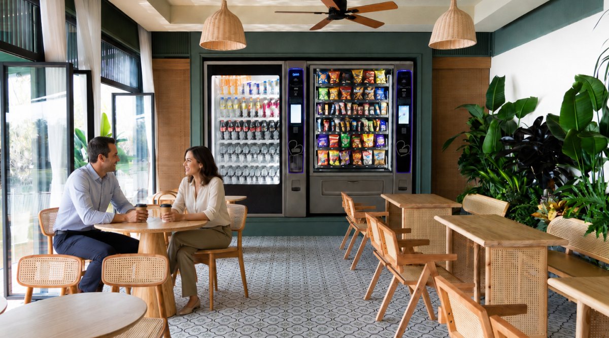 Two employees drinking coffee in a modern break room with vending machines