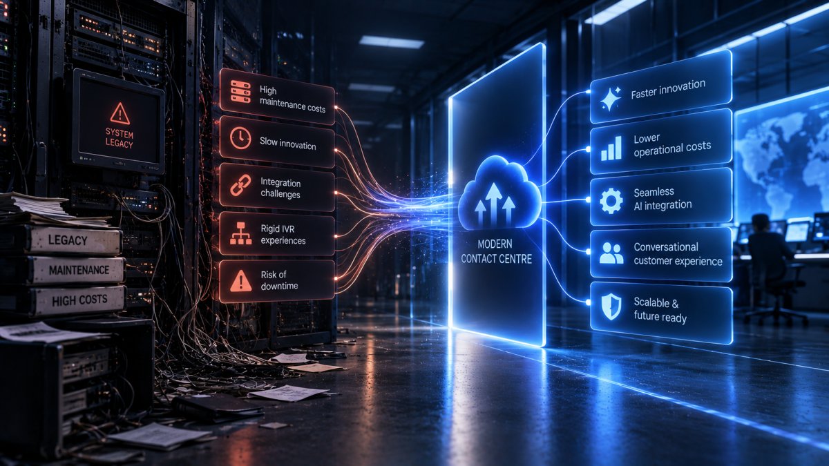 Legacy on-premise contact centre infrastructure contrasted with a modern AI-powered environment, highlighting maintenance, integration and scalability challenges.