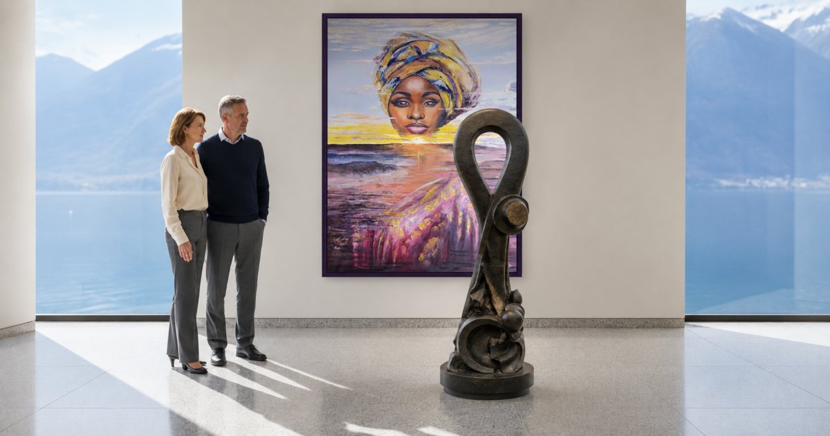 Shona Stone sculpture by Sampson Kuvenguhwa in his Mapiti Style - Circle of Continuance ca 2m in height.  Painting  Sunset View from Keith Zenda - Oil on Canvas - size 1.65x1.15m