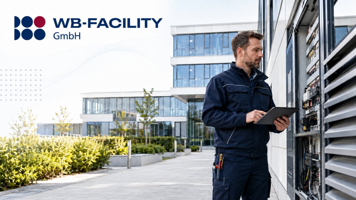 Mitarbeiter der WB‑FACILITY GmbH kontrolliert die Gebäudetechnik einer modernen Gewerbeimmobilie